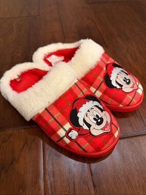 Disney Red Plaid Mickey Mouse Holiday Slip-On Slippers with Faux Fur